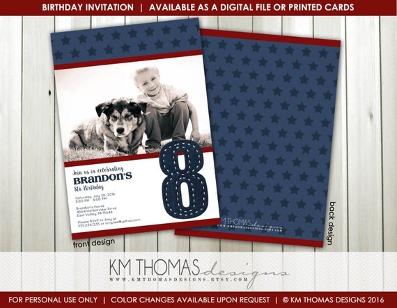 Photo Birthday Invitation - Red White and Blue Invitation - Printable Photo Birthday Invitation - Blue Stars - Patriotic Invitation - BD197 Il_570xn