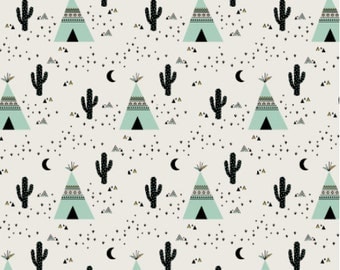 Cactus & Teepee Mint fabric by Kimsa - Southwestern Tipi and Cacti printed on a variety of cotton fabrics - by the yard with Spoonflower
