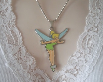Signed DISNEY TINKERBELL 2-3/8" Enamel Silvertone Metal Pendant on 18" Shot Bead Necklace NOS New Old Stock