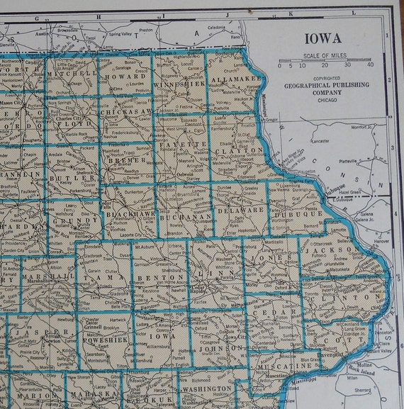 Old Map of Iowa Vintage 1930s original atlas map antique US