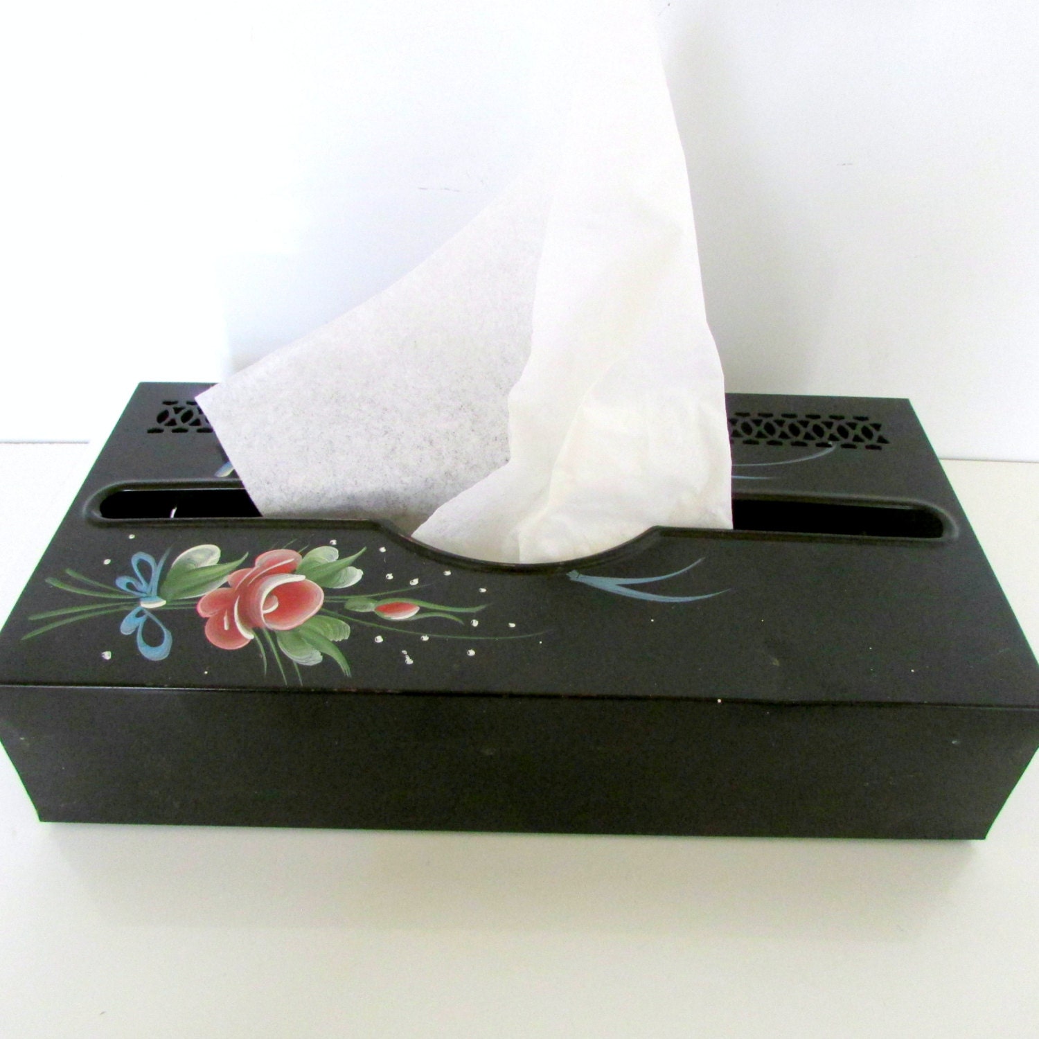 Vintage Metal Kleenex Box Holder Tole Painted Black Flowers