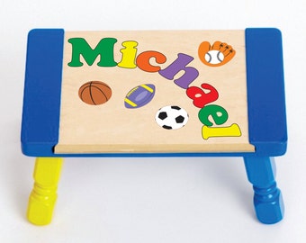 Custom Name Puzzle Sports Theme Puzzle Step Stool...Educational puzzle stool for a preschool toddler children to learn their name & colors.