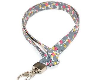 Grey and Pink Floral Lanyard Great for a ID Badge Holder Name Tag or Keys