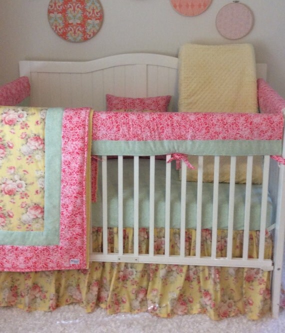 Baby Girl Crib Bedding Set Bumperless Coral Mint and Yellow