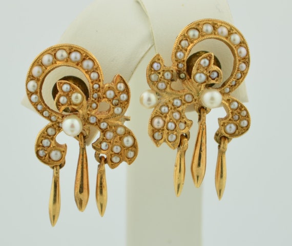 Victorian 14K Yellow Gold Seed Pearl Dangle Earrings