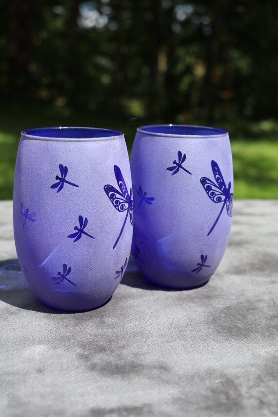 Dragonfly stemless wine glasses Aqua OR Blue
