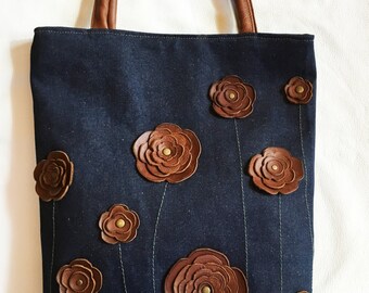 Denim Handbag Purse Bag Tote with Studded Brown Leather Floral Applique summer