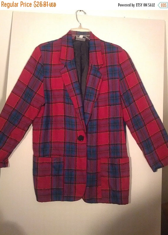 SALE fuchsia plaid tartan jacket blazer suit coat by BrightCloset