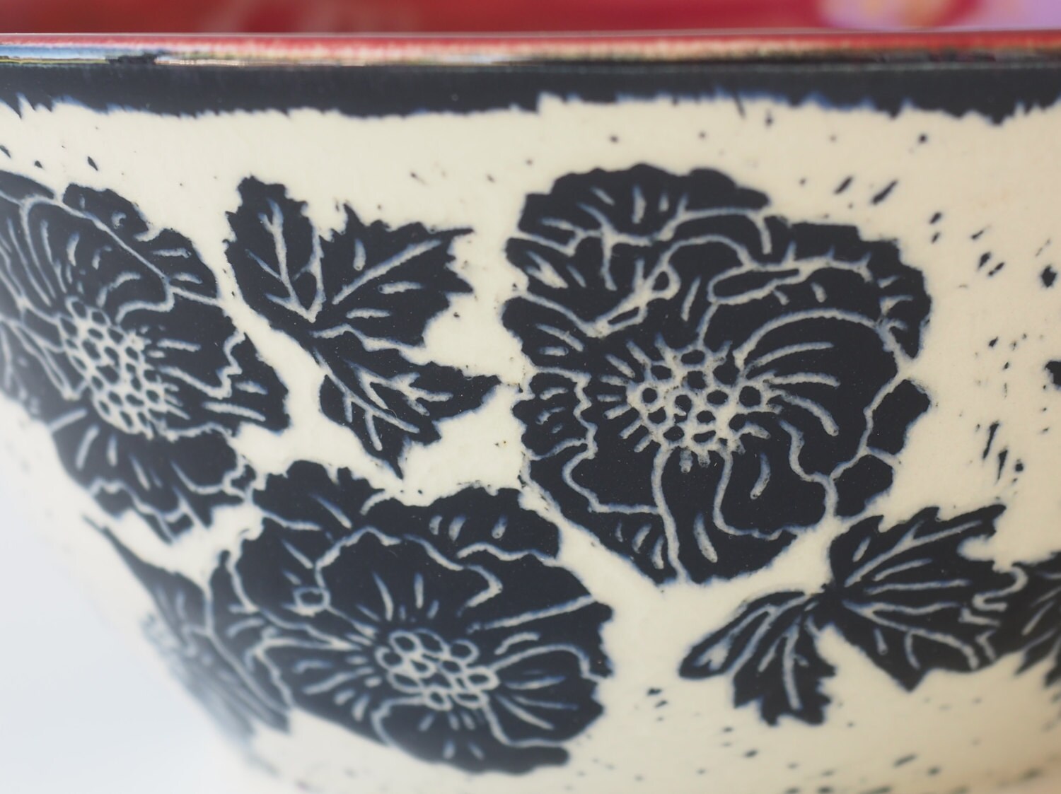 Sgraffito Ceramic Bowl with Carved Anemone Flower by Jackpots
