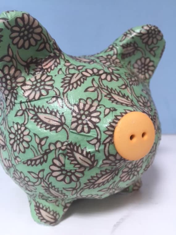 Mint Leaves and Daisies Decoupage Piggy Bank