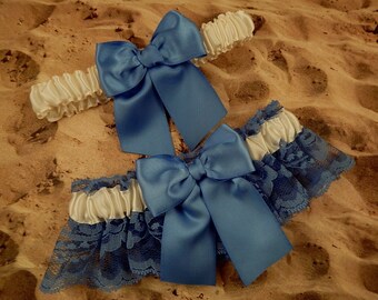 Cornflower Blue Lace Satin Ivory Satin Wedding Garter Bridal Set