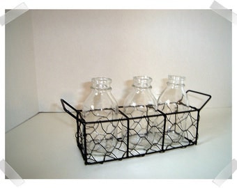 Metal Chicken Wire Basket with Handle/3 Glass Bottles/Home Decor/Supplies*