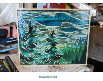 Humboldt County, Original Carved Wood Painting -Home Tree Home- by Buzz Parker 8 x 10 Redwood Forest Landscape Escape Hike