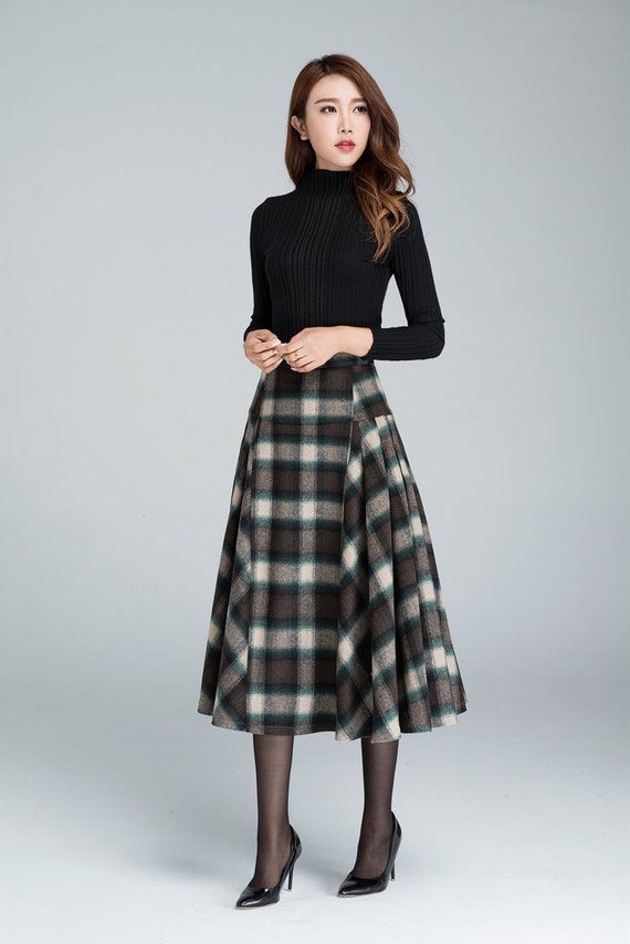 Plaid Skirt Long Skirt Wool Skirt Plus Size Skirt Pleated 5362