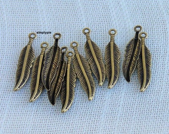 Antiqued Brass Feather Charms 20x4mm 10 Pcs Boho Charms