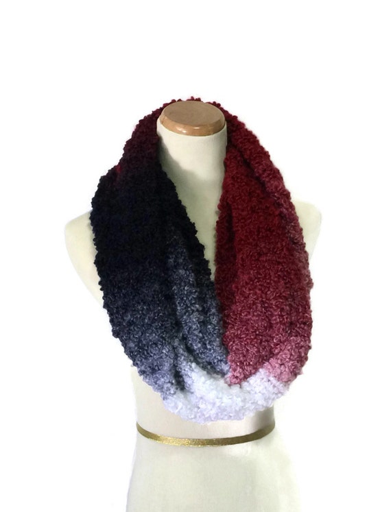 Knit Infinity Scarf, Red White Blue Scarf, Hand Knit Cowl, Gift For Her, Fiber Art, Loop Scarf, Snood, Fashion Scarf, Winter Scarf