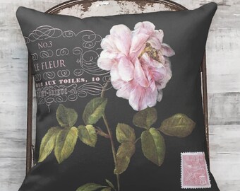 Pillow Cover Pink Rose Botanical Flower on Black #3