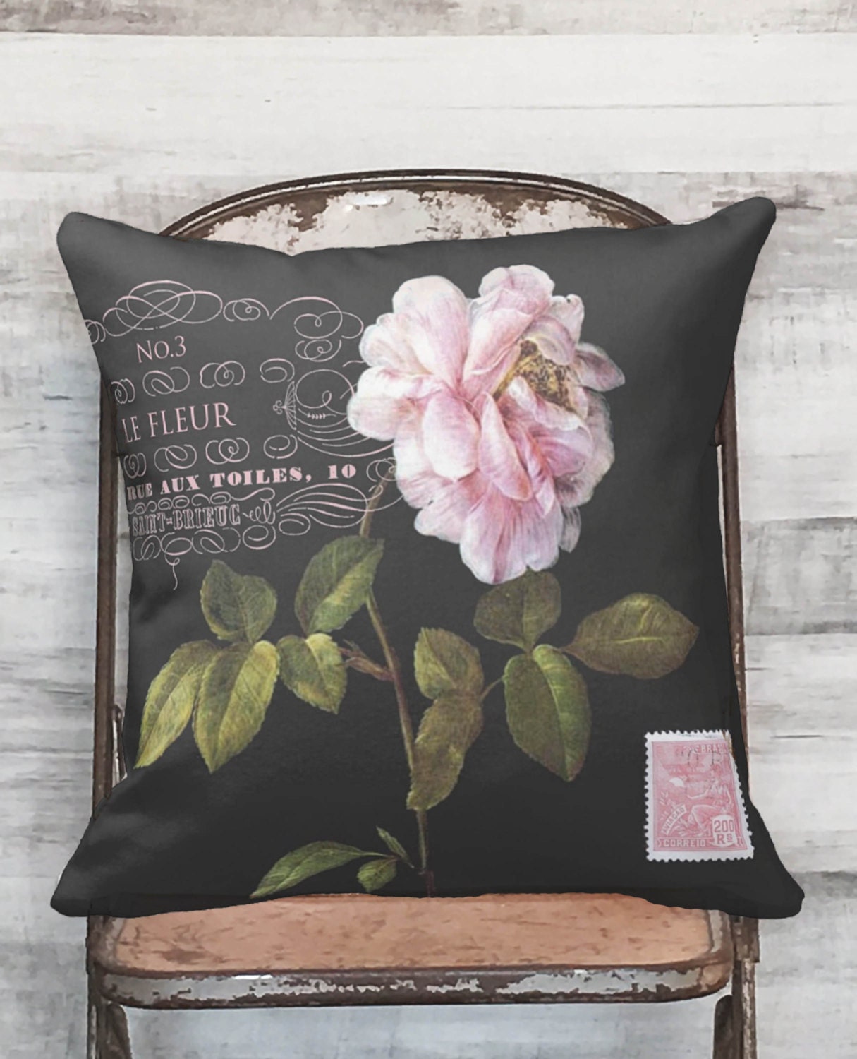 Pillow Cover Pink Rose Botanical Flower on Black 3