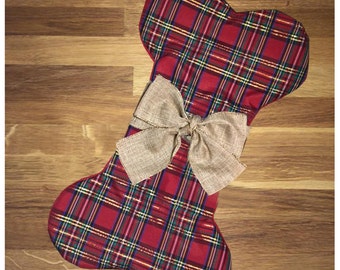 Dog Christmas Stocking- Plaid stocking w/ gold bow or burlap bow