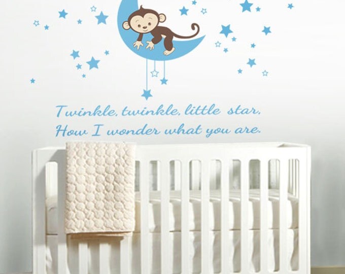 Moon Wall Decal, Monkey Wall Decal,Stars Wall Decal, Monkey Stars and Moon Wall Decal, Twinkle Twinkle Little Star Baby Wall Decal Sticker