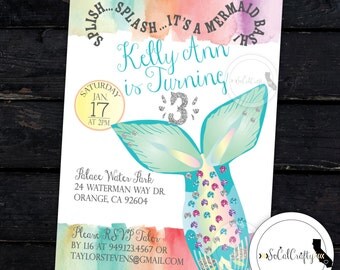 Mermaid Birthday Party Invitation, Pool Party, Birthday Invite, Little Mermaid, DIY, Printed or Printable Invitations, Free Shipping