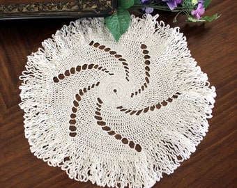 Crochet Spiral Doily, Small Centerpiece in White, Hand Crocheted, Vintage Linens - 13350