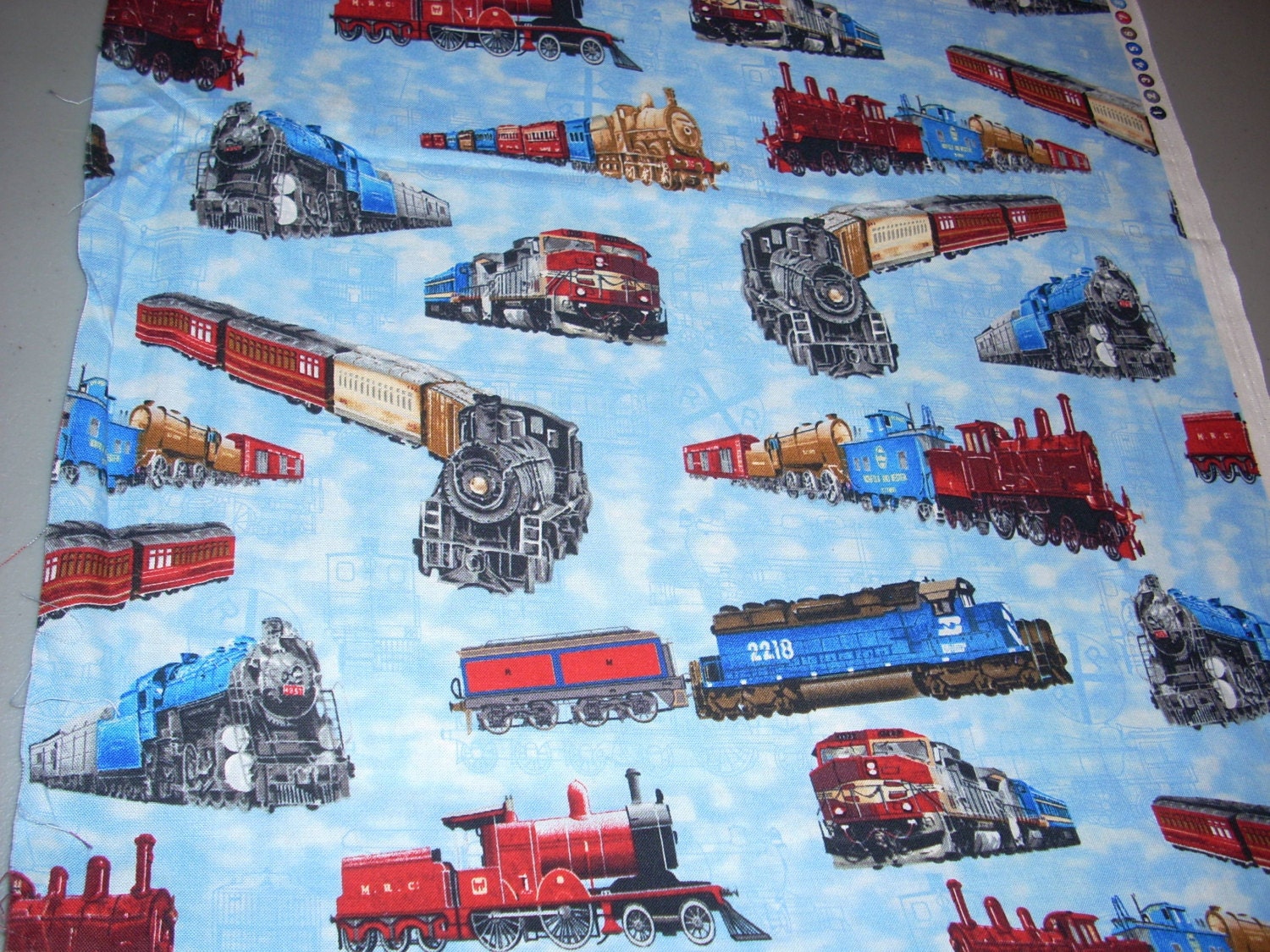 Trains on light blue Cotton Fabric 15 inches wide by 32
