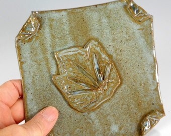 Ceramic soap dish, pottery soap holder dish, hand built stoneware soap dis, square soap dish with grape leaf design, soap dish