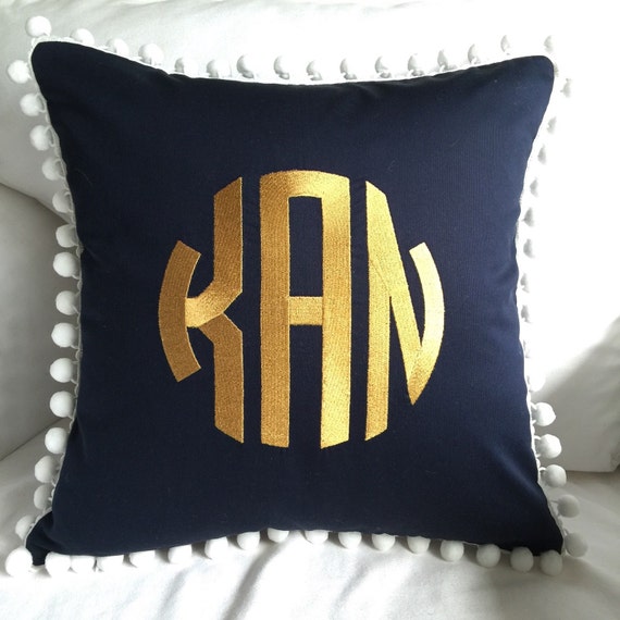 Items similar to Monogrammed Pique Pom Pom Pillow Cover on Etsy