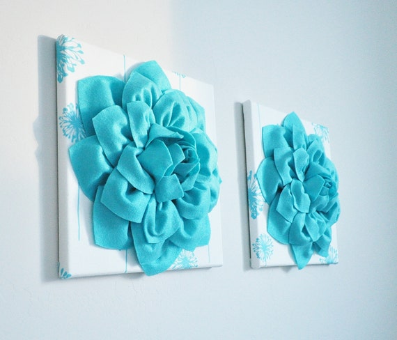 Flower Wall Art Light Turquoise Dahlias on White and Light