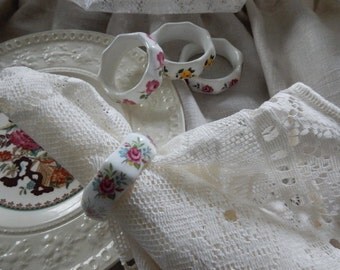 Vintage Shabby Chic English Bone China Floral Napkin Rings,set of four
