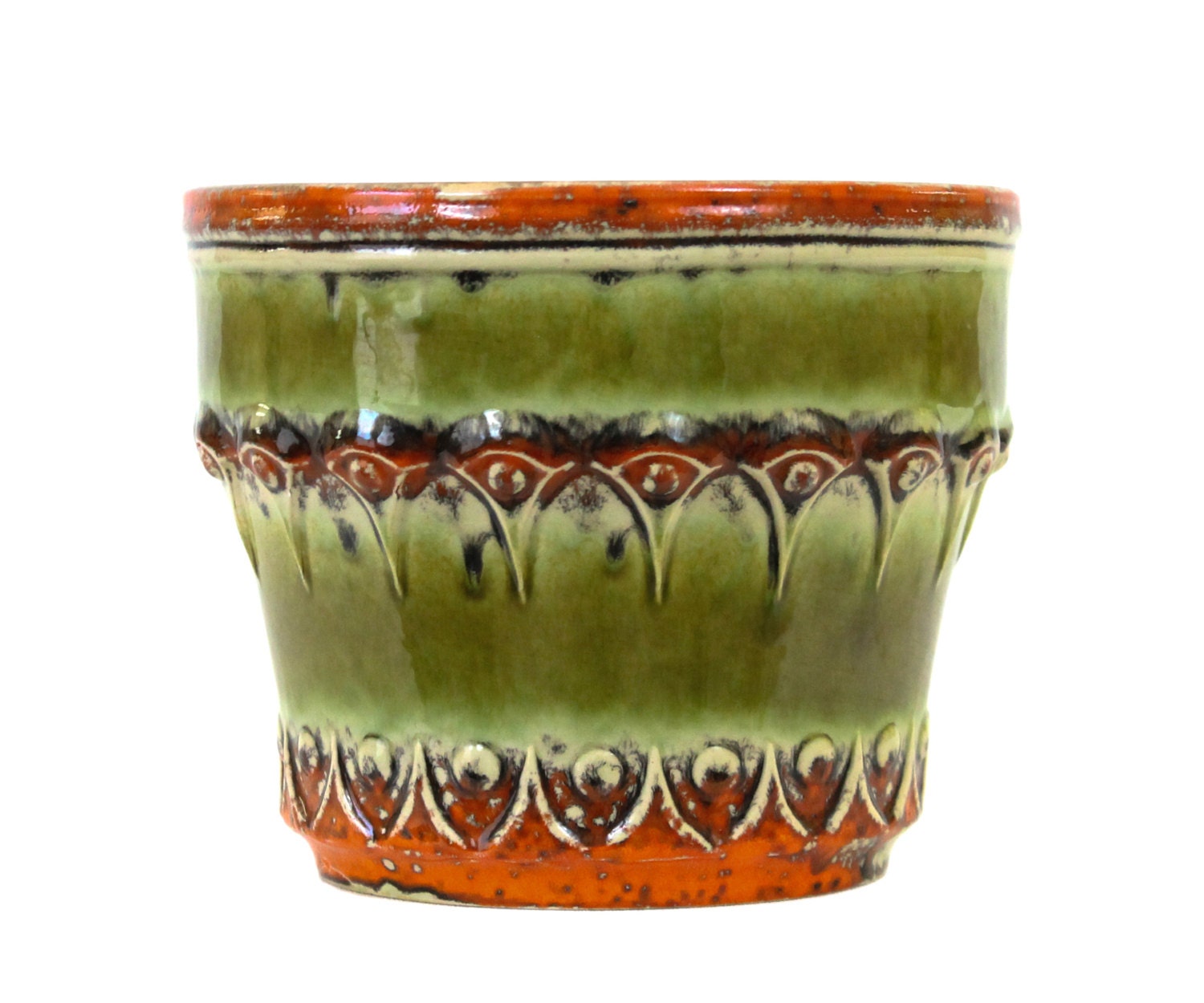 Large MidCentury West German Planter Pot Green and Orange