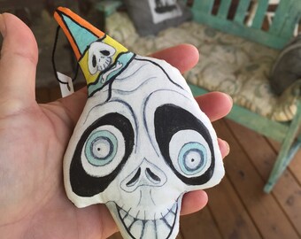OOAK Original Handmade Whimsical Halloween Skull Ornament For The Creepy Cute Folk Art Collector Handpainted