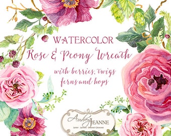 Watercolor Boho Floral Wreath Digital Clip Art Clipart, Bohemian Printable, peony flower, Rose Floral, twigs leaves berry raspberry