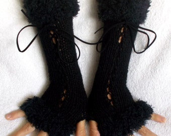 Black Corset Gloves Long Handknitted Fingerless Arm Warmers with Suede Ribbons Victorian Style