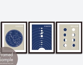 Constellations, Solar System, Moon Phases Map - 3 Art Prints (Featured in Champagne and Navy) Modern Astronomy / Outer Space Art Print