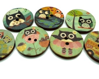 20 x Owl Printed Wooden Buttons - Sewing Buttons - Large Buttons - 25mm
