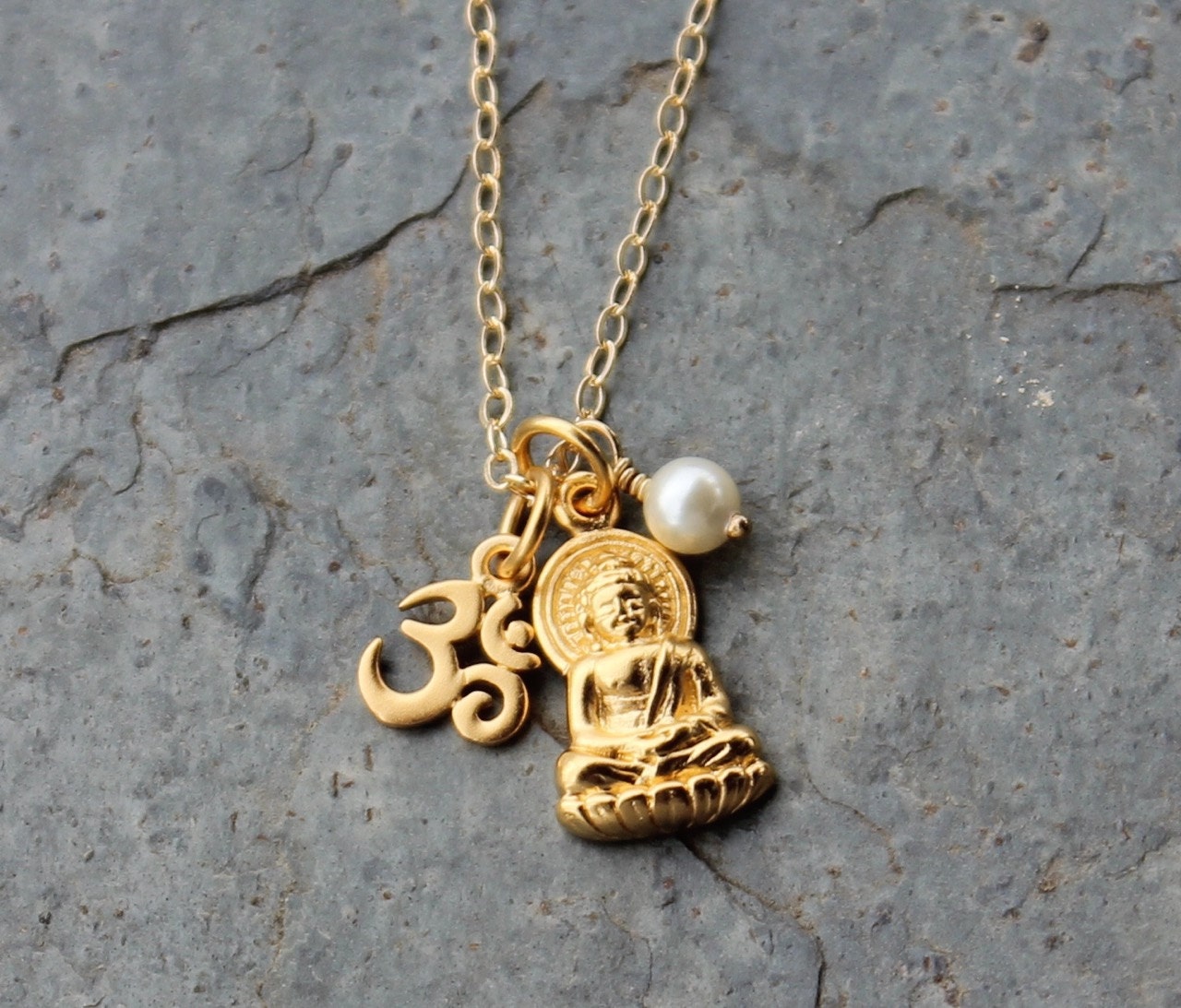 Meditating Buddha Necklace 24k gold plated Buddha and Om