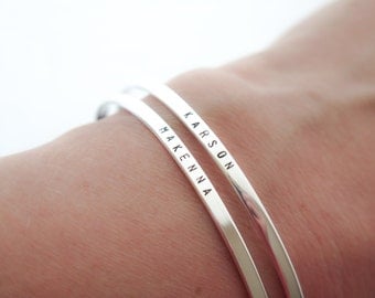 Skinny Sterling Silver Bangle Bracelet Jewelry - Custom Stamped Gift for Her Personalized - Hand Stamped by Betsy Farmer Designs