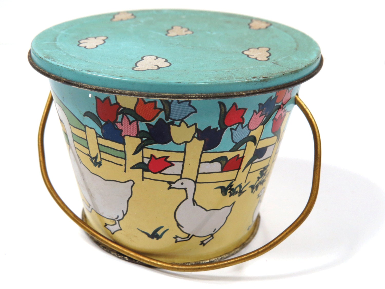 Small Vintage Toy Sand Pail with Lid Tin Lithograph Bucket