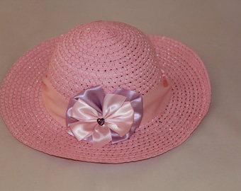 Tea Party Hat - Pink Easter Bonnet with Satin Ribbon - Girls Sun Hat - Easter Hat - Birthday Hat - Sunday Dress Hat - Derby Hat 1664