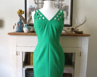 90s wiggle dress, body con with cage detail, kelly green silk, XS