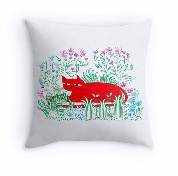 The Garden Cat - Throw Pillow / Cushion Cover - Kids art - Nursery Decor - (16" x 16") by Oliver Lake