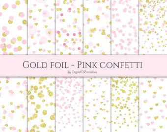 Confetti digital paper Gold and pink confetti Gold and pink digital paper Dot digital paper Heart confetti Wedding digital paper