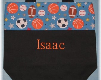 Personalized SPORTS theme canvas tote bag for boys preschool daycare kids library book bag little boy Ring Bearer birthday gift idea soccer