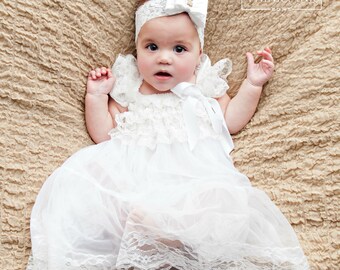 Baby dress, flower girl dress, Rustic flower girl, country flower girl, White lace baby dress, Baptism dress, Girl dress, Baby 1st birthday