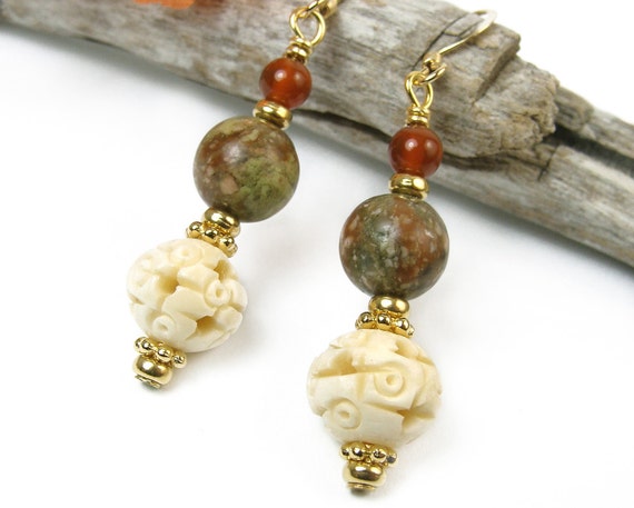 Earthy Jasper Carnelian Earrings Carved Bone Beads Gold Tone Handmade Jewelry