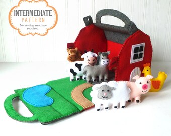 Barn and Farm Animals Pattern, Red Felt Barn, Felt Barnyard Animals Sewing Pattern, Hand Sewing