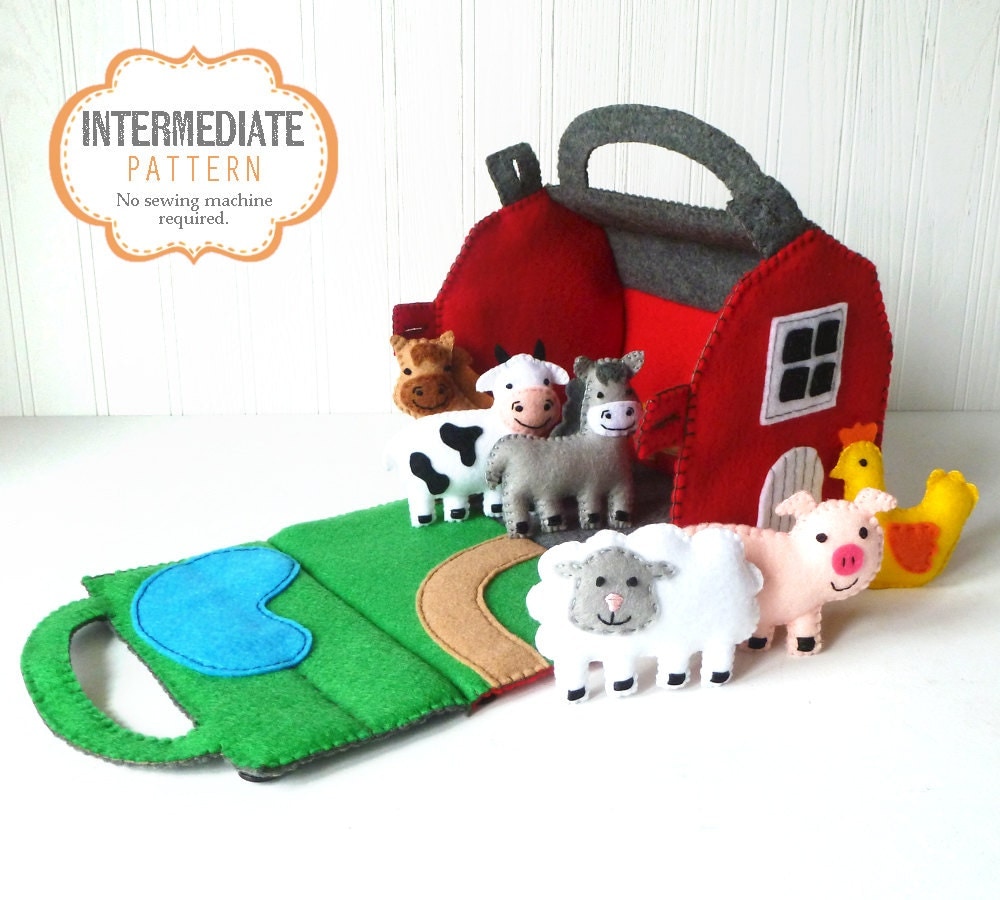 Barn and Farm Animals Pattern Red Felt Barn Felt Barnyard
