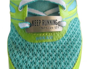 Running shoe charm - inspirational running charm - running shoe tag - KEEP RUNNING - Hebrews 12:1